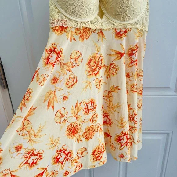 sexy yellow and orange floral print lingerie mini dress with lace - Picture 3 of 6